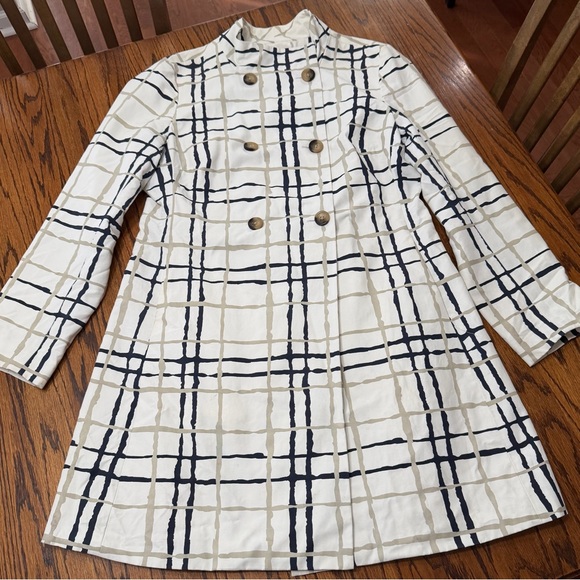 Banana Republic Jackets & Blazers - Banana Republic Trench Coat Women’s Large White Navy Tan Plaid Classic Preppy